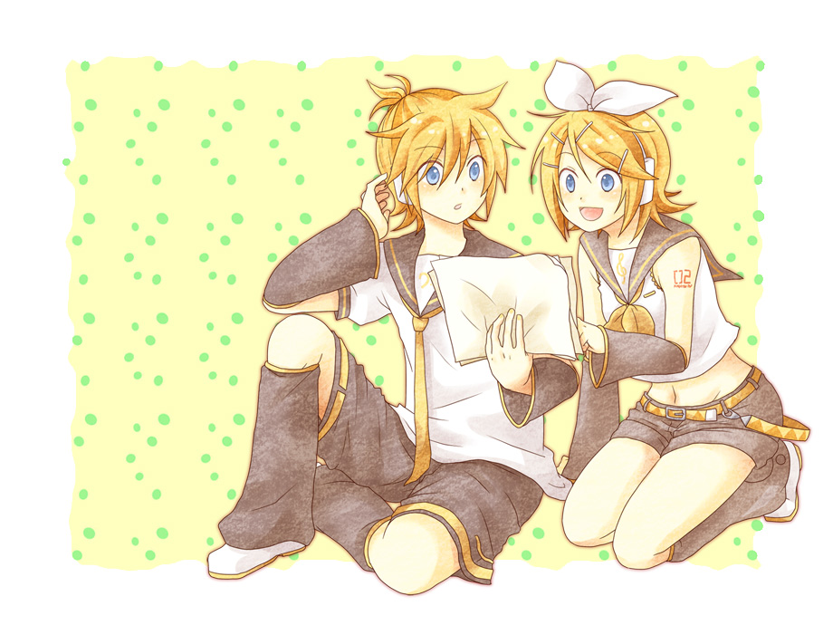 1boy 1girl bad_id bad_pixiv_id blonde_hair blue_eyes brother_and_sister hair_ornament hair_ribbon hairclip kagamine_len kagamine_rin ribbon ryou_(pixiv247657) short_hair shorts siblings smile suzumi_(fallxalice) twins vocaloid