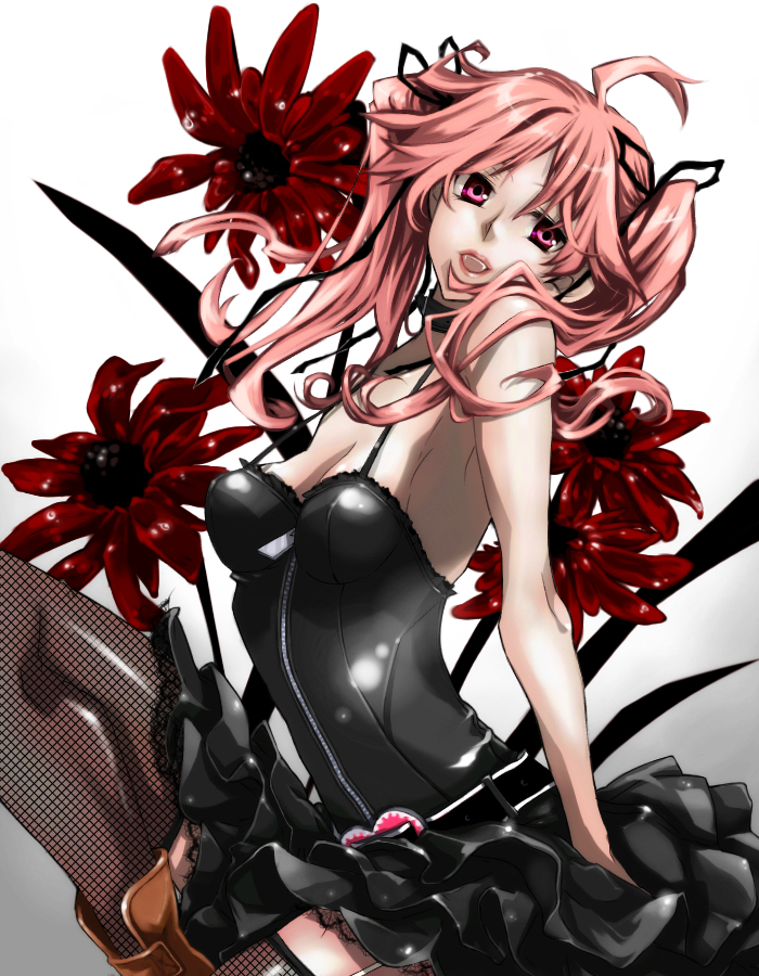 1girl bare_shoulders belt black_dress dress fangs female_focus fishnets flower frills head_tilt kmikan lace latex lipstick long_hair makeup pink_eyes pink_hair shiki_(novel) shimizu_megumi solo thighhighs twintails zettai_ryouiki zipper