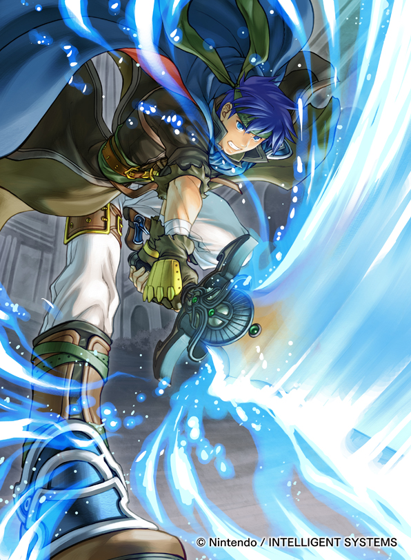 1boy blue_cape blue_eyes blue_hair cape company_name fingerless_gloves fire_emblem fire_emblem:_path_of_radiance fire_emblem_cipher gloves green_headband headband holding holding_sword holding_weapon ike_(fire_emblem) kita_senri male_focus nintendo official_alternate_costume official_art pants ragnell red_cape short_hair solo sword two-sided_cape two-sided_fabric weapon