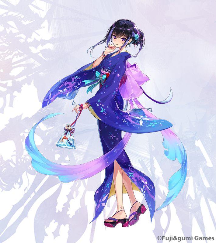 1girl blue_hair commentary_request copyright_notice fish forcas from_side full_body goldfish goldfish_scooping hair_behind_ear hair_between_eyes hair_bun hair_ornament japanese_clothes kimono long_hair looking_at_viewer looking_to_the_side multicolored_hair nail_polish obi official_alternate_costume official_art phantom_of_the_kill purple_eyes purple_hair purple_kimono sandals sash second-party_source shibuhiko single_hair_bun solo standing summer_festival two-tone_hair weapon_background yukata