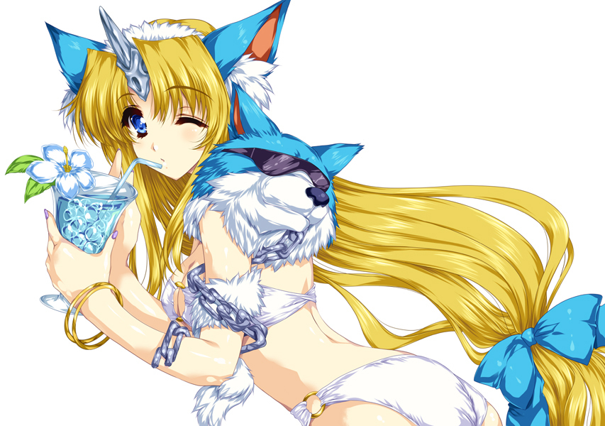 1girl alternate_color animal_ears ass bikini blonde_hair blue_eyes bow bracelet breasts chain cleavage drink drinking_straw female_focus fenrir_knight flower glass hair_bow hibiscus horns jewelry long_hair looking_back low-tied_long_hair o-ring o-ring_bikini o-ring_bottom o-ring_top one_eye_closed riesz seiken_densetsu seiken_densetsu_3 single_horn solo sunglasses swimsuit tamiya_akito unicorn very_long_hair white_bikini wink wolf wolf_ears