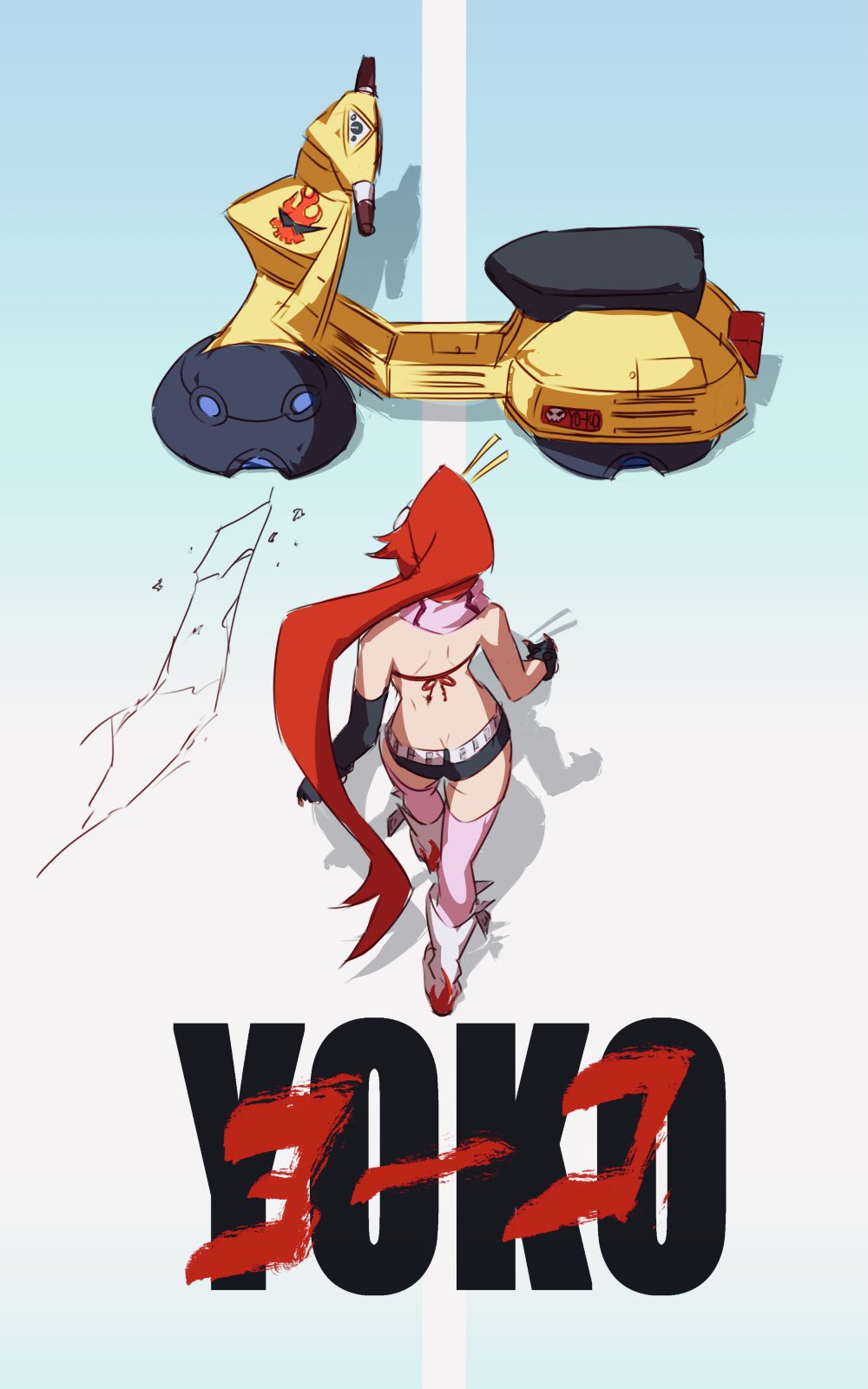 1girl akira_(manga) akira_movie_poster ass bikini bikini_top_only black_gloves character_name elbow_gloves from_behind gloves highres long_hair moped motor_vehicle ponytail red_hair shorts solo swimsuit tengen_toppa_gurren_lagann thighhighs ura_dora yoko_littner