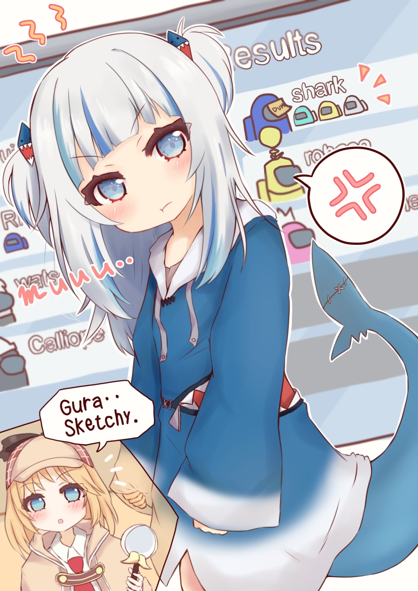 2girls :o :t among_us anger_vein blonde_hair blue_eyes blue_hair blue_hoodie blush brown_capelet brown_headwear capelet closed_mouth collared_shirt commentary_request drawstring english_text fins fish_tail gawr_gura gawr_gura_(1st_costume) hair_ornament hat highres holding hololive hololive_english hood hood_down hoodie looking_at_viewer magnifying_glass multicolored_hair multiple_girls necktie parted_lips pout red_neckwear ridy_(ri_sui) shark_tail shirt spoken_anger_vein streaked_hair tail tail_raised two_side_up v-shaped_eyebrows virtual_youtuber watson_amelia watson_amelia_(1st_costume) white_shirt