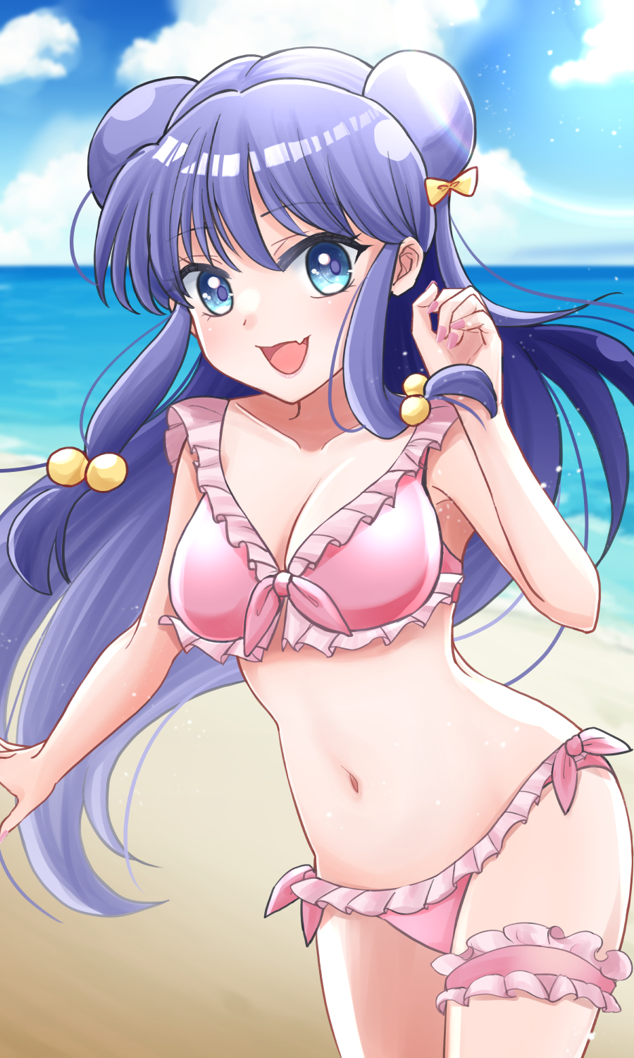 1girl beach bikini blue_eyes blue_sky bow breasts cleavage cloud double_bun hair_bow hair_bun highres kanzaki_izumi long_hair looking_at_viewer navel ocean open_mouth pink_bikini purple_hair ranma_1/2 shampoo_(ranma_1/2) sidelocks sky smile swimsuit water yellow_bow