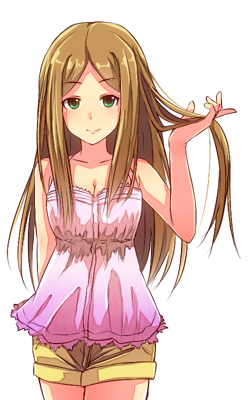 10s 1girl brown_hair female_focus green_eyes holding holding_own_hair idolmaster idolmaster_cinderella_girls long_hair matsuyama_kumiko pochita_(pochitaiko) simple_background smile solo