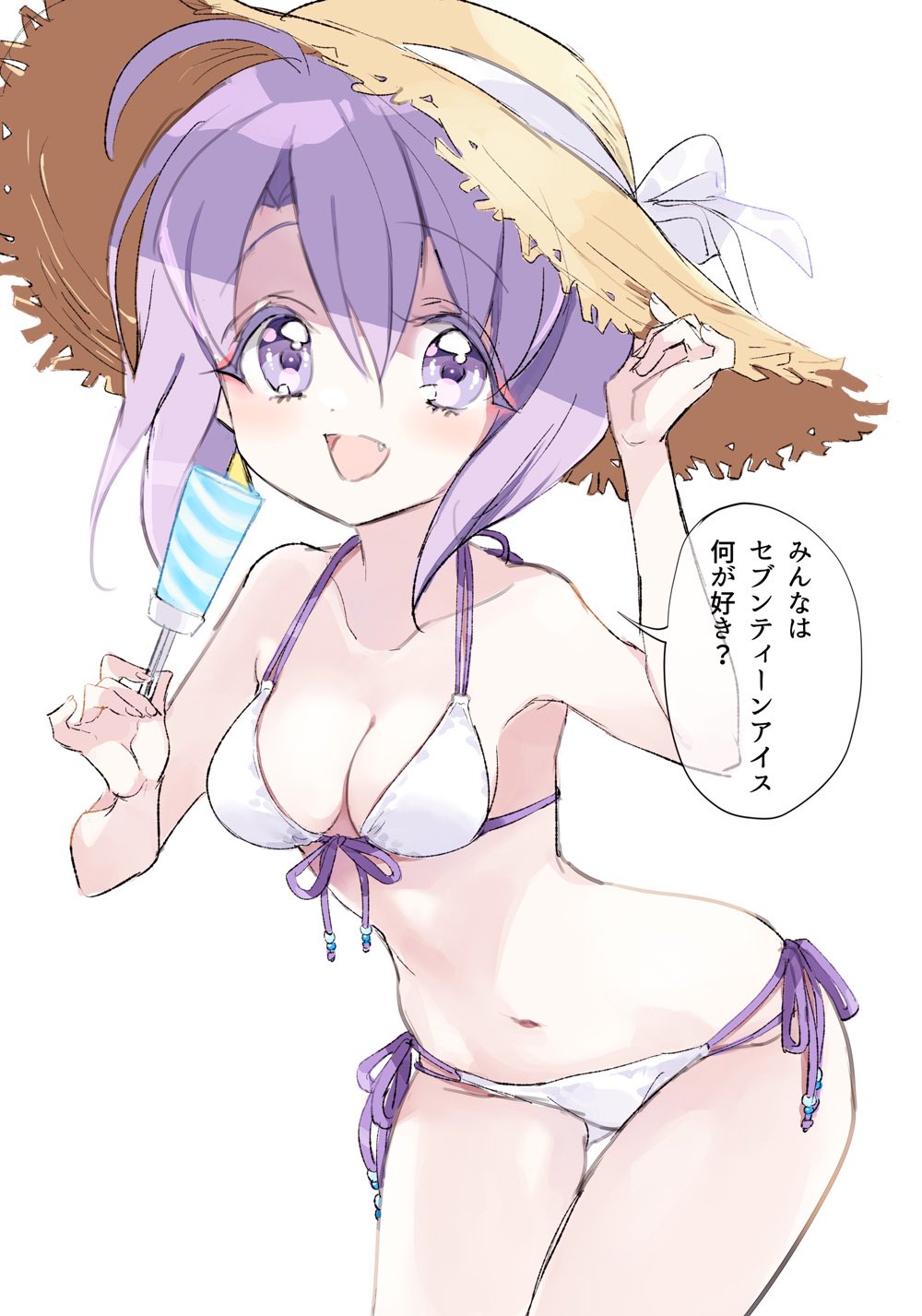 1girl ahoge bikini breasts commentary_request food hat highres holding holding_food holding_popsicle jashin-chan_dropkick leaning_forward looking_at_viewer medusa_(jashin-chan_dropkick) open_mouth popsicle purple_eyes purple_hair short_hair side-tie_bikini_bottom simple_background small_breasts smile solo sun_hat swimsuit thigh_gap translation_request white_background white_bikini yukiwo