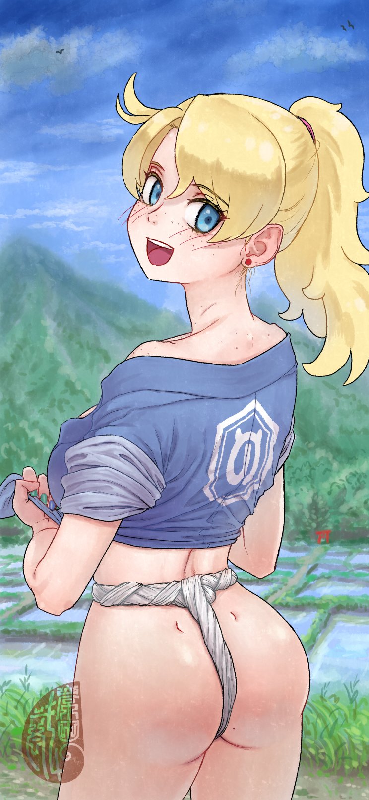 1girl alternate_costume alternate_hairstyle artist_logo ass blonde_hair blue_eyes blue_sky blurry blurry_background blush calenda_(kemono_friends) cowboy_shot day dimples_of_venus earrings fingernails freckles from_behind fundoshi hair_between_eyes high_ponytail highres japanese_clothes jewelry kemono_friends kishida_shiki logo long_hair looking_at_viewer looking_back mizu_happi mole mole_on_ass nail_polish open_mouth outdoors parted_bangs ponytail rice_paddy sky smile solo stud_earrings