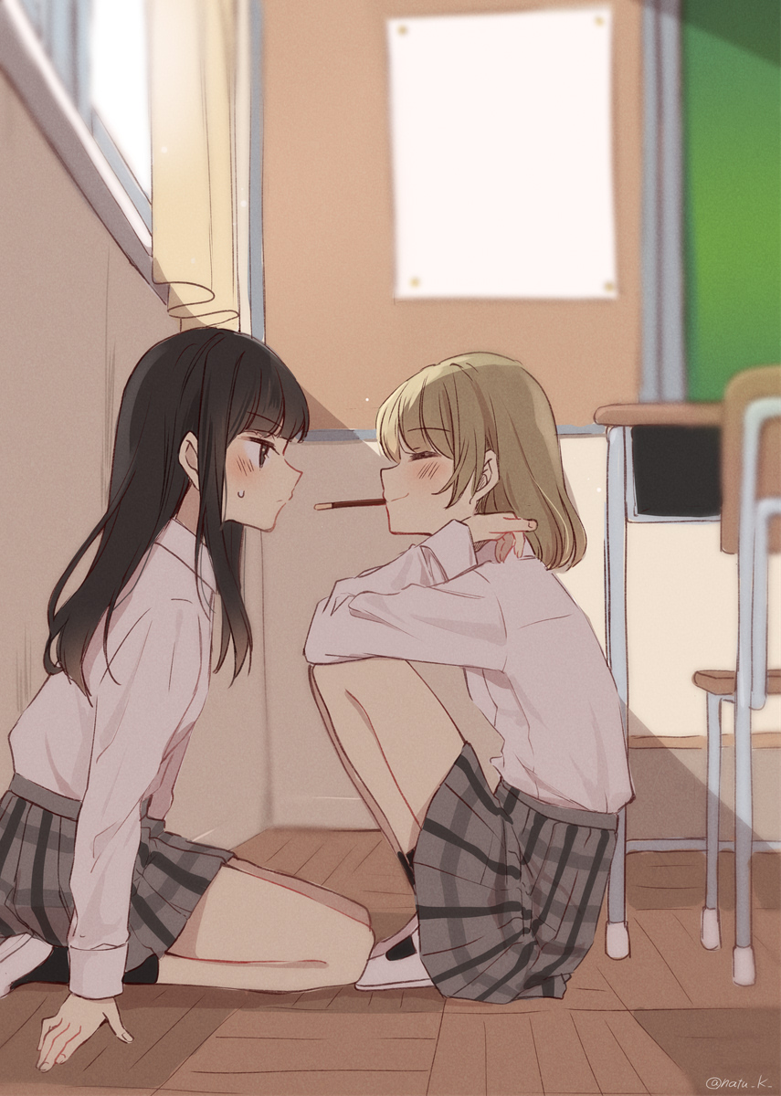 2girls black_hair blush chalkboard classroom closed_eyes closed_mouth collared_shirt commentary desk food food_in_mouth grey_skirt hashtag-only_commentary hazuki_natsu highres indoors light_brown_hair long_hair long_sleeves medium_hair multiple_girls original pleated_skirt pocky pocky_day pocky_in_mouth pocky_kiss poster_(object) school_desk school_uniform shared_food shirt skirt sweatdrop white_shirt yuri