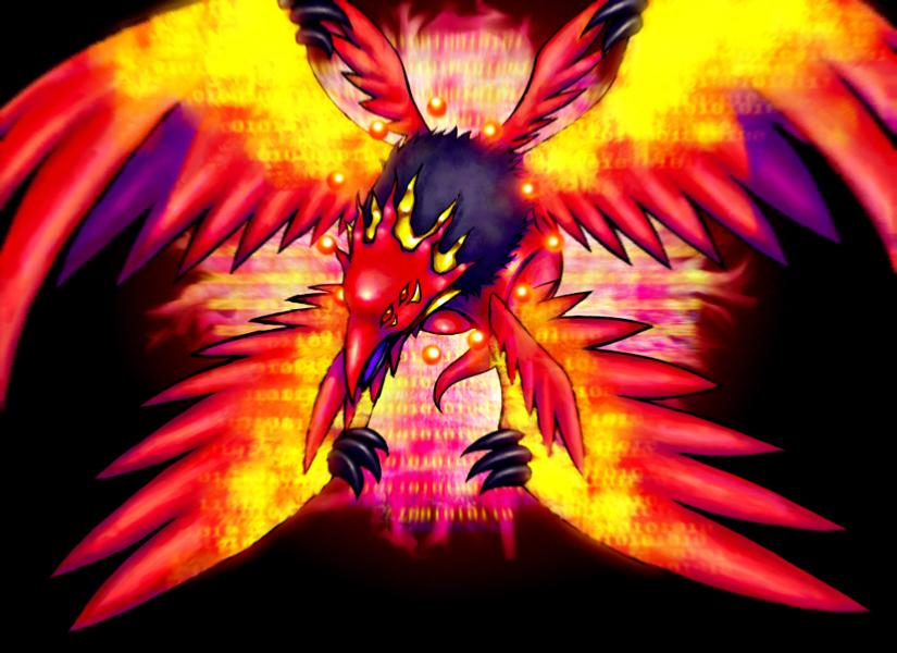 artist_name artist_request aura beak bird digimon digimon_(creature) extra_eyes fiery_wings flying looking_at_viewer multiple_views no_humans outdoors tail talons wings zhuqiaomon