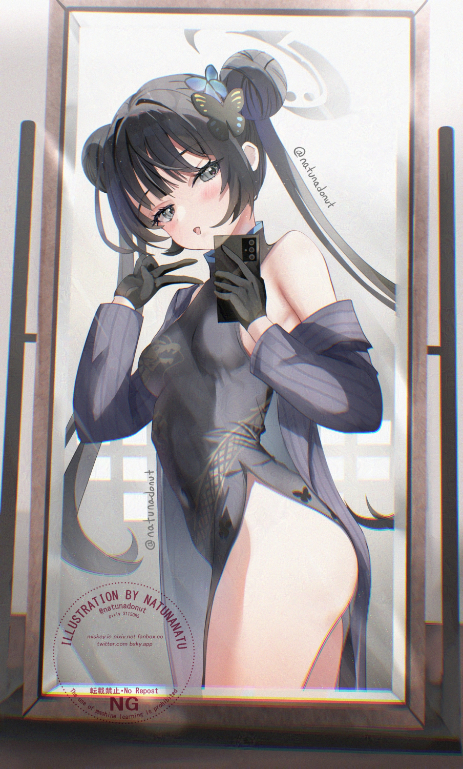 1girl :d bare_shoulders black_dress black_gloves black_hair blue_archive blush breasts butterfly_hair_ornament cellphone china_dress chinese_clothes commentary_request double_bun dress gloves grey_eyes grey_jacket hair_bun hair_ornament half_gloves halo highres holding holding_phone jacket kisaki_(blue_archive) medium_breasts mirror natuna_natu off_shoulder open_clothes open_jacket open_mouth phone pinstripe_jacket pinstripe_pattern reflection selfie sleeveless sleeveless_dress smile solo twintails twitter_username watermark