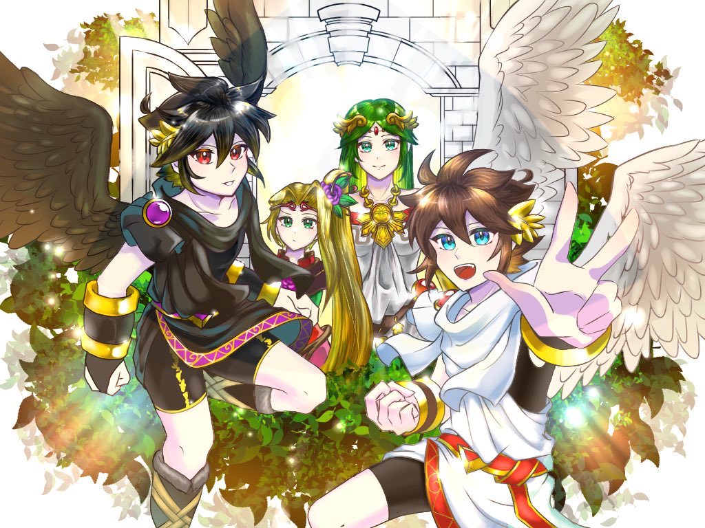 2boys 2girls :d alternate_color angel angel_wings belt bike_shorts_under_skirt black_wings blonde_hair blue_eyes bracer brown_hair chain child circlet clenched_hand closed_mouth collarbone dark_angel dark_pit diadem feathered_wings floating flower forehead_jewel gold_chain greco-roman_clothes green_eyes green_hair hair_between_eyes hair_flower hair_ornament hair_vines height_difference high_ponytail high_side_ponytail jewelry kid_icarus kid_icarus_uprising laurel_crown leaf leg_up long_hair male_focus multiple_boys multiple_girls nintendo open_mouth palutena pit_(kid_icarus) ponytail purple_belt purple_flower purple_trim red_belt red_eyes red_trim side_ponytail sidelocks smile spiked_hair v white_wings wings yabumamemame