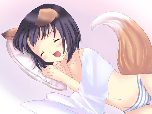 1girl animal_ears bad_id bad_pixiv_id bed black_hair blush bokurano closed_eyes female_focus fox_ears lying machi_youko navel panties panties_only pillow short_hair solo striped_clothes striped_panties tail teu_(navy) topless underwear underwear_only