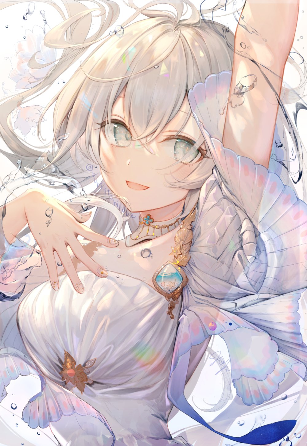 1girl :d arm_up bare_shoulders breasts commentary_request dress fingernails flower grey_eyes hair_between_eyes hand_up highres kouyafu long_hair looking_at_viewer medium_breasts nail_art nail_polish open_mouth original puffy_short_sleeves puffy_sleeves short_sleeves signature silver_hair smile solo water white_background white_dress white_flower white_nails wide_sleeves