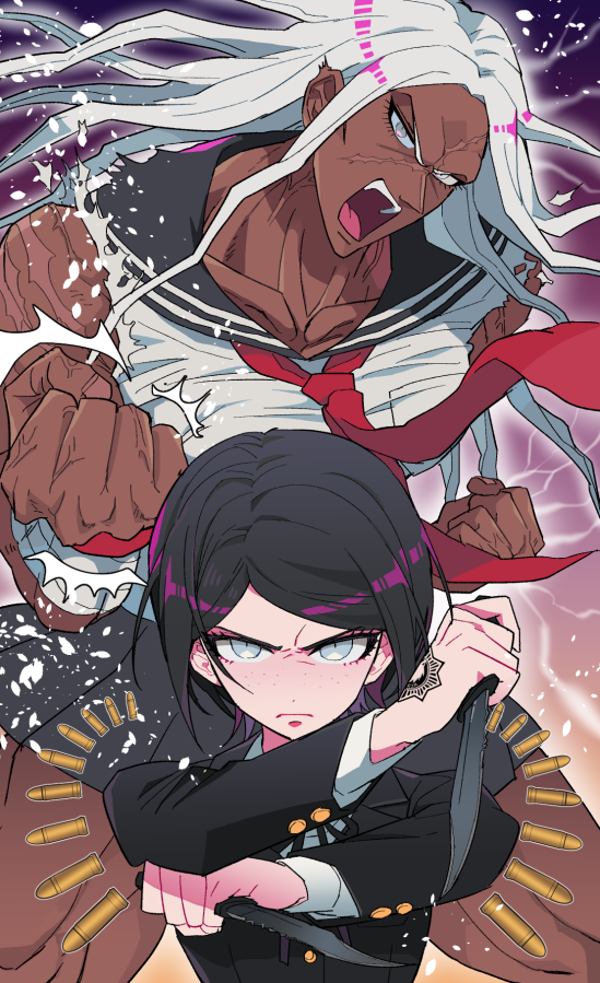 2girls black_hair black_shirt blue_sailor_collar blue_skirt bullet clenched_hands closed_mouth combat_knife commentary_request danganronpa:_trigger_happy_havoc danganronpa_(series) dark-skinned_female dark_skin dual_wielding hand_tattoo holding holding_knife holding_weapon ikusaba_mukuro knife long_hair multiple_girls muscular muscular_female nabu_(d4ng4nn6bu12) neckerchief ogami_sakura open_mouth red_neckerchief sailor_collar scar scar_on_arm scar_on_face school_uniform serafuku shirt short_hair skirt tan tattoo teeth torn_clothes torn_shirt torn_sleeves upper_teeth_only v-shaped_eyebrows veins weapon white_hair white_shirt