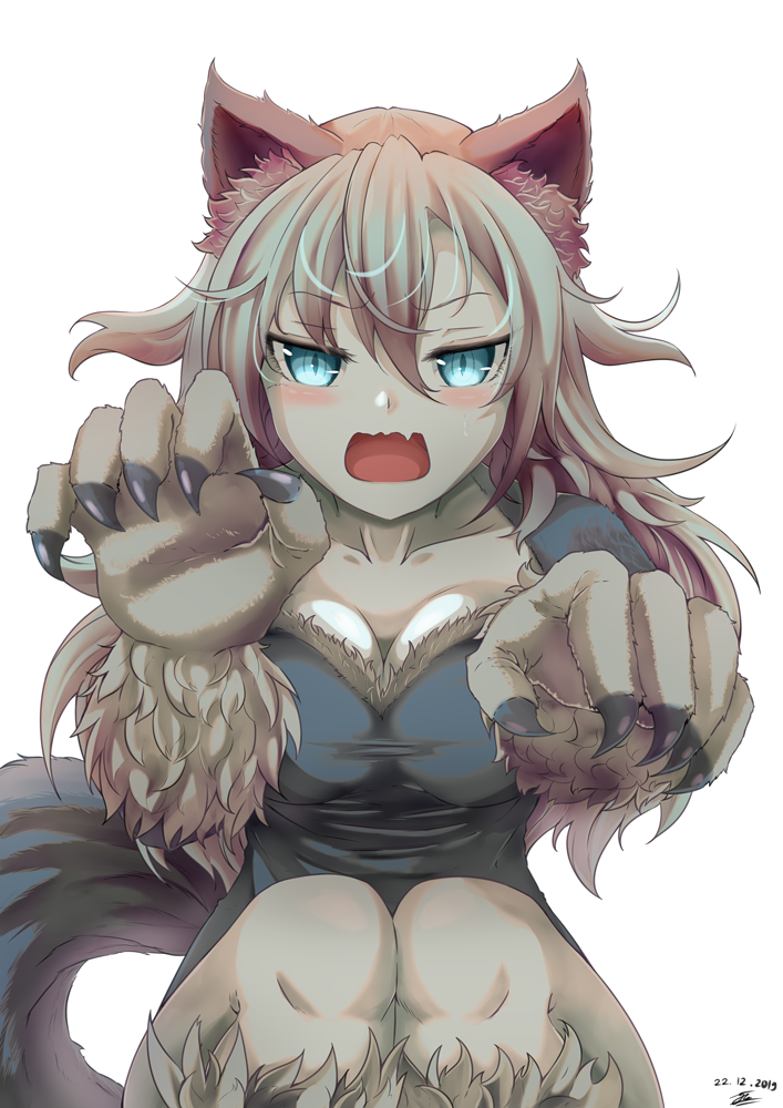 animal_ears blue_eyes blush breasts claw_pose claws cleavage dated gie_(gienara) large_breasts long_hair lost_saga monster_girl open_mouth signature simple_background solo tail werewolf white_background white_hair wolf_ears wolf_tail