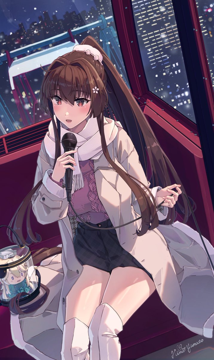 1girl alternate_costume artist_name boots brown_hair character_doll cherry_blossoms coat ferris_wheel flower hair_flower hair_intakes hair_ornament highres himeyamato iowa_(kancolle) kantai_collection microphone pink_sweater ponytail scarf skirt sweater white_coat yamato_(kancolle)