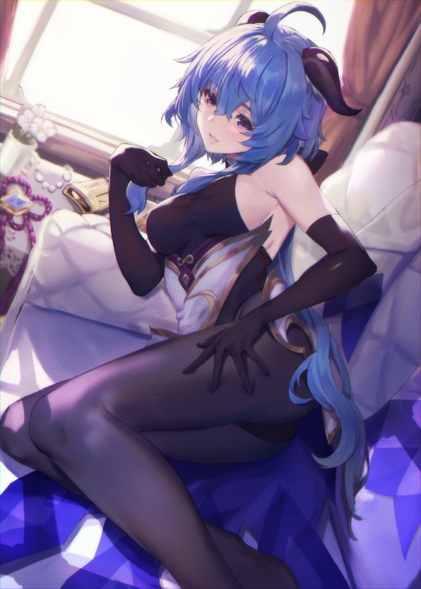 1girl ahoge alternate_costume bare_shoulders black_gloves black_pantyhose blue_hair couch dress elbow_gloves flower ganyu_(genshin_impact) genshin_impact gloves hair_between_eyes hand_on_own_thigh horns indoors jewelry legs long_hair no_shoes on_couch open_mouth oukawa_yuu pantyhose purple_eyes smile solo thighs unworn_dress window