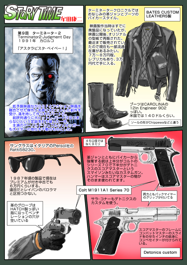 1boy boots colt&#039;s_manufacturing_company english_text gloves gun handgun jacket japanese_text looking_at_viewer m1911 muta_koji pistol red_eyes robot short_hair story_time_(muta_koji) sunglasses t-800 terminator_(series) terminator_2:_judgment_day translation_request weapon weapon_focus weapon_profile