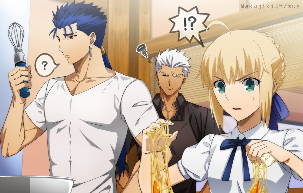 !? 1girl 2boys ? ahoge akujiki59 apron archer_(fate) artoria_pendragon_(fate) black_shirt blonde_hair blue_hair braid breasts brown_apron closed_eyes commentary_request cu_chulainn_(fate) cu_chulainn_(fate/stay_night) dark-skinned_male dark_skin earrings fate/stay_night fate_(series) frown green_eyes hair_tubes holding holding_whisk jewelry long_hair messy mixing_bowl multiple_boys ponytail puffy_short_sleeves puffy_sleeves raw_egg red_eyes saber_(fate) shirt short_sleeves small_breasts spoken_interrobang spoken_question_mark squiggle twitter_username v-shaped_eyebrows whisk white_hair