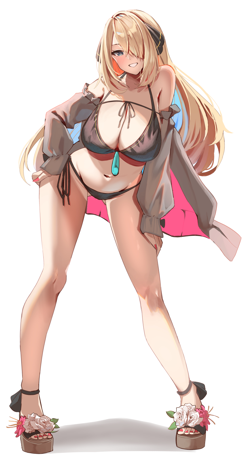 1girl bikini black_bikini blonde_hair blush breasts creatures_(company) cynthia_(pokemon) game_freak grey_eyes hair_ornament hair_over_one_eye hand_on_leg hand_on_own_hip hand_on_own_leg hand_on_own_thigh highres jacket large_breasts leaning_forward long_hair looking_at_viewer momdy_(talesshinja) navel nintendo open_clothes open_jacket pokemon pokemon_dppt smile solo swimsuit very_long_hair