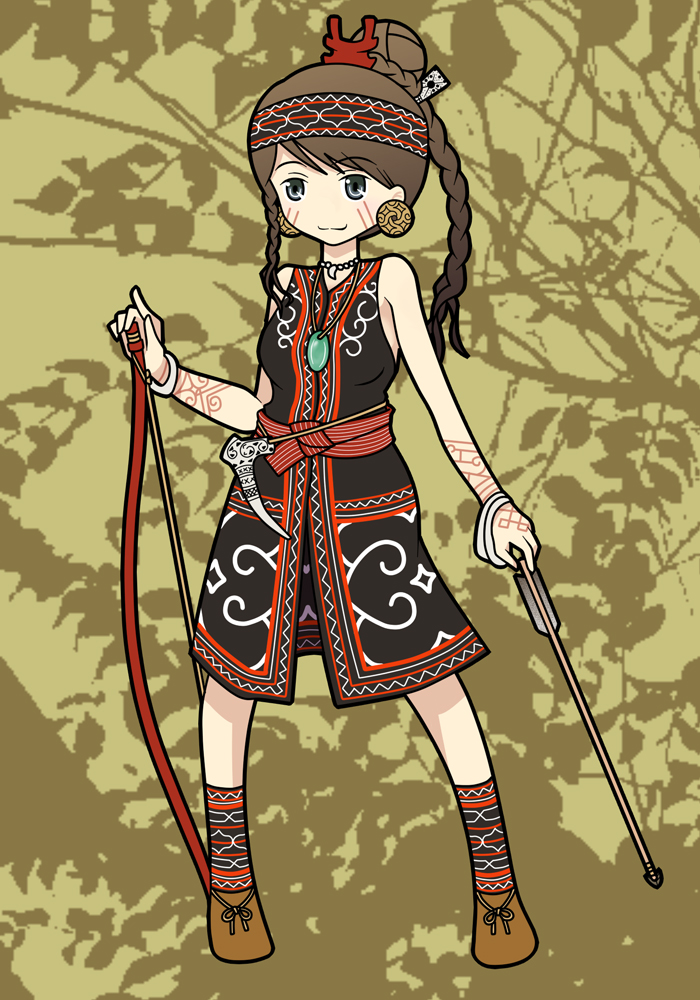 1girl arrow_(projectile) artist_request bow_(weapon) brown_hair female_focus full_body headband jomon_period plant solo tattoo weapon