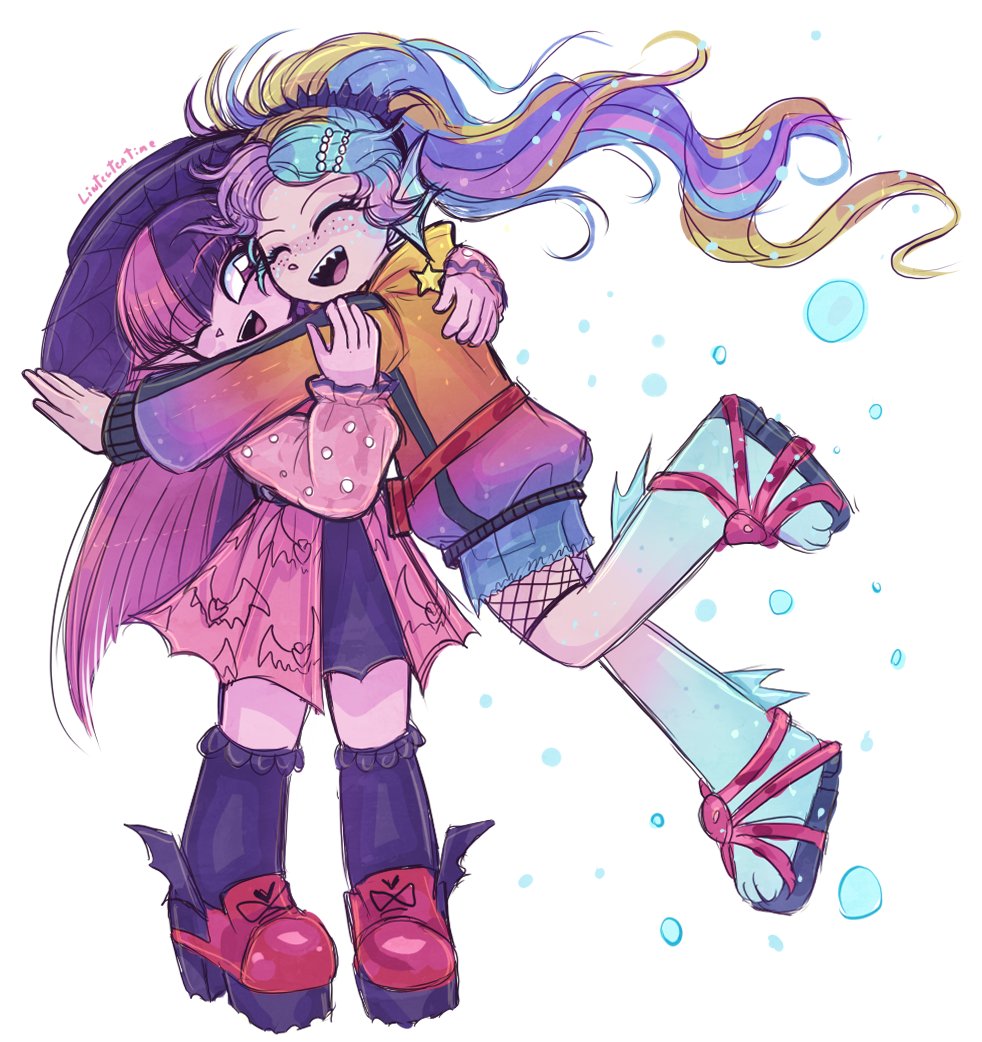 2girls black_hair colored_skin draculaura earrings fangs heart hug jewelry lagoona_blue linterteatime long_hair monster_high monster_high_(g3) multicolored_hair multiple_girls pink_eyes pink_hair pink_skin pointy_ears shirt skirt streaked_hair two-tone_hair vampire