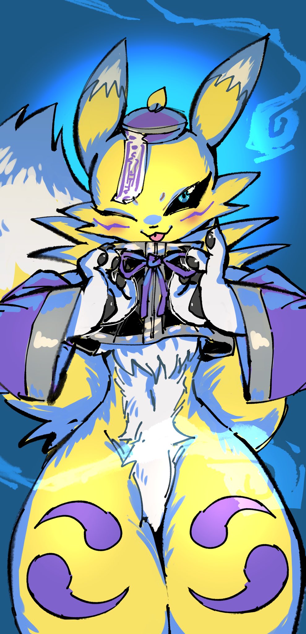 digimon digimon_(creature) fluffy fox_girl fox_tail furry furry_female jiangshi_costume renamon tail