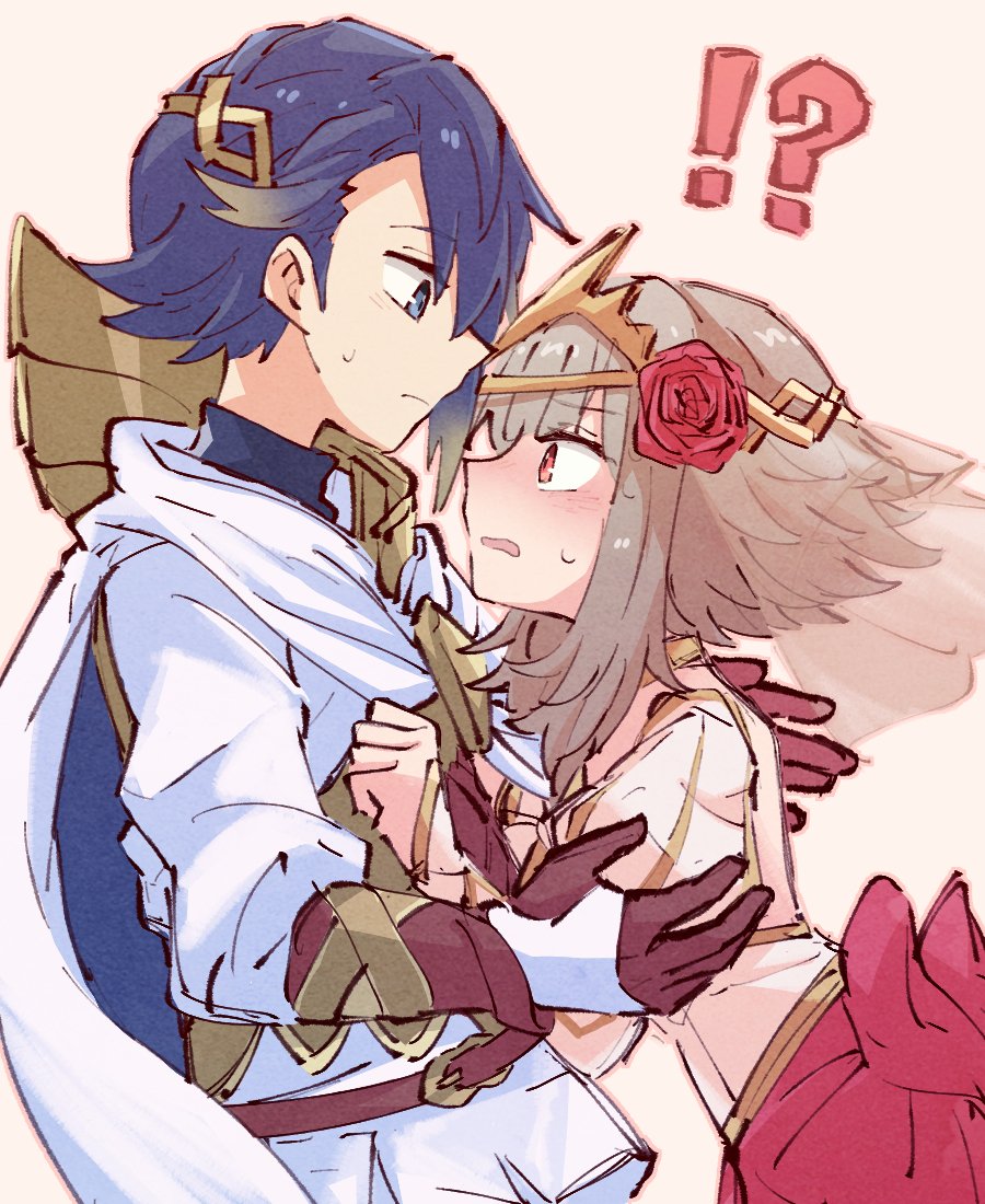 !? 1boy 1girl alfonse_(fire_emblem) alonemistrist blue_eyes blue_hair blush bride cape dress fire_emblem fire_emblem_heroes flower from_side grey_hair hair_flower hair_ornament hetero looking_at_another nintendo red_eyes red_flower red_rose rose shirt short_hair sweatdrop tiara upper_body veronica_(bride)_(fire_emblem) veronica_(fire_emblem) wedding_dress white_cape white_dress white_shirt