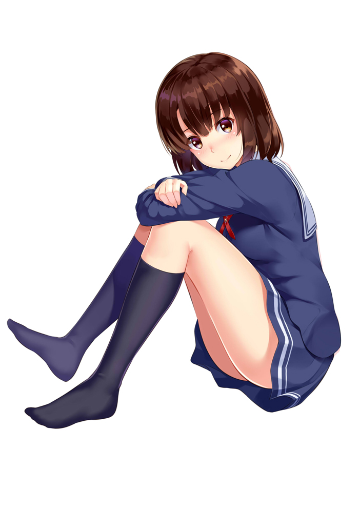 1girl black_socks blue_skirt blue_sweater brown_eyes brown_hair commentary_request full_body hugging_own_legs huyumitsu katou_megumi kneehighs looking_at_viewer miniskirt neck_ribbon photoshop_(medium) red_ribbon ribbon saenai_heroine_no_sodatekata short_hair simple_background sitting skirt smile socks solo sweater white_background