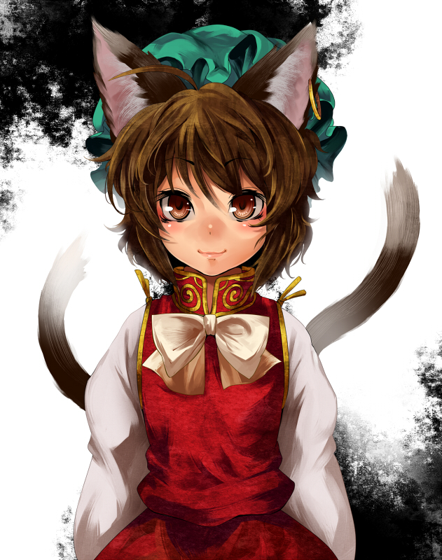 1girl animal_ears brown_eyes brown_hair cat_ears cat_girl cat_tail chen earrings female_focus hat jewelry lips multiple_tails nekoarashi nekomata portrait short_hair single_earring smile solo tail touhou upper_body yana_(nekoarashi)