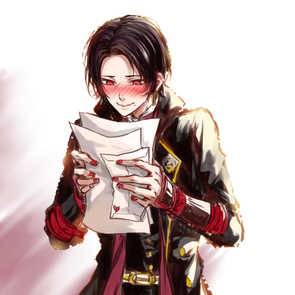 10s 1boy blush brown_hair earrings envelope jewelry kashuu_kiyomitsu kingchenxi male_focus mole mole_under_mouth nail_polish paper personification red_eyes scarf smile solo touken_ranbu upper_body wavy_mouth