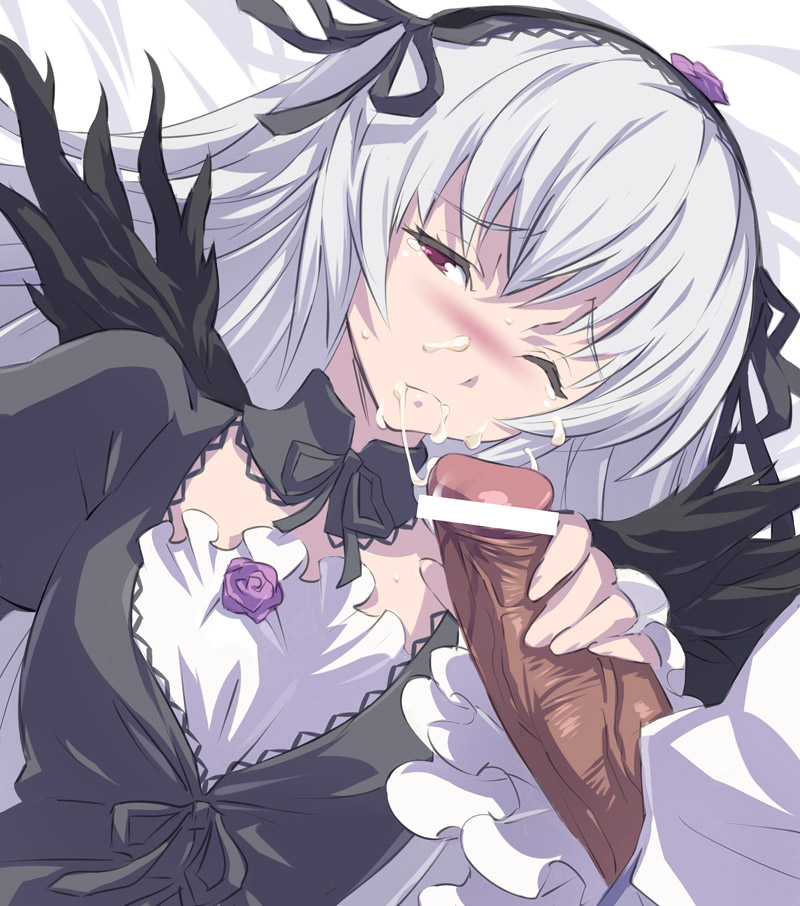 00s 1girl akira_(coffee_curry) blush censored cum cum_on_body cum_string dress facial hairband handjob long_hair one_eye_closed penis purple_eyes rozen_maiden silver_hair solo_focus suigintou tears wince wings wink