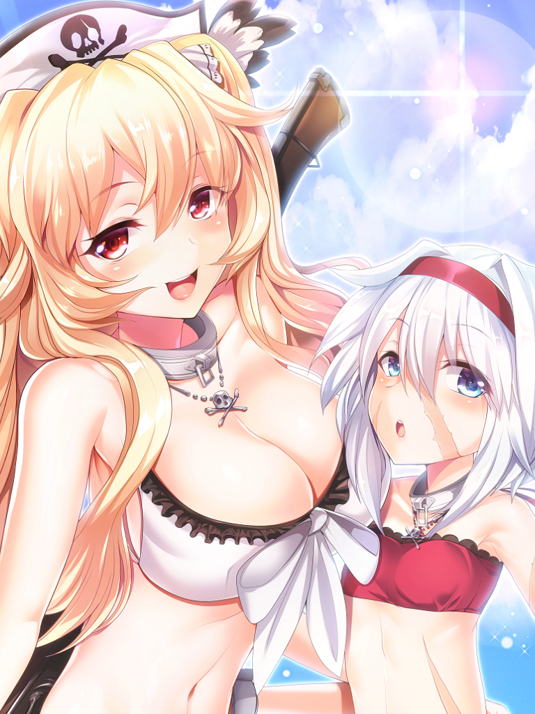 2girls antique_firearm blunderbuss breasts cleavage cloud collar day fate/grand_order fate_(series) firearm gun hairband multiple_girls navel necklace scar silly_(marinkomoe) skull_necklace smile sunlight swimsuit weapon