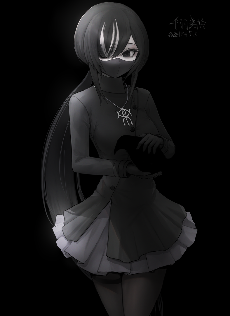 1girl bird black_background black_eyes black_gloves black_hair black_skirt gloves greyscale hair_over_one_eye jewelry looking_at_viewer mask mihato_senba mole mole_under_eye monochrome mouth_mask multicolored_hair necklace original pantyhose pleated_skirt skirt solo streaked_hair two-tone_hair white_hair