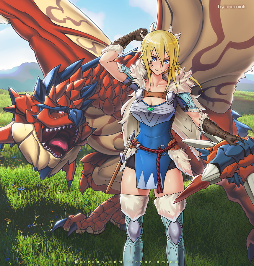 1girl armor ayuria blonde_hair blue_eyes bone_hair_ornament cape dragon fur_cape hair_ornament hybridmink medium_hair monster_hunter_(series) monster_hunter_stories monster_hunter_stories_2 rathalos wyvern