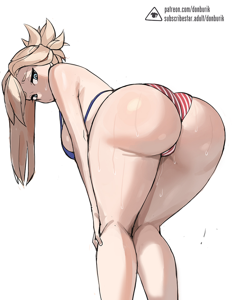 1girl alternate_hair_color american_flag american_flag_bikini american_flag_print ass bent_over bikini blodne_hair blue_eyes blush breasts commentary donburi_(donburikazoku) fat_mons fate/grand_order fate_(series) flag_print from_behind kneepits large_breasts legs long_hair looking_at_viewer looking_back miyamoto_musashi_(fate) outline print_bikini short_ponytail signature simple_background solo spiked_hair sweat sweatdrop swimsuit thighs watermark web_address white_background worried