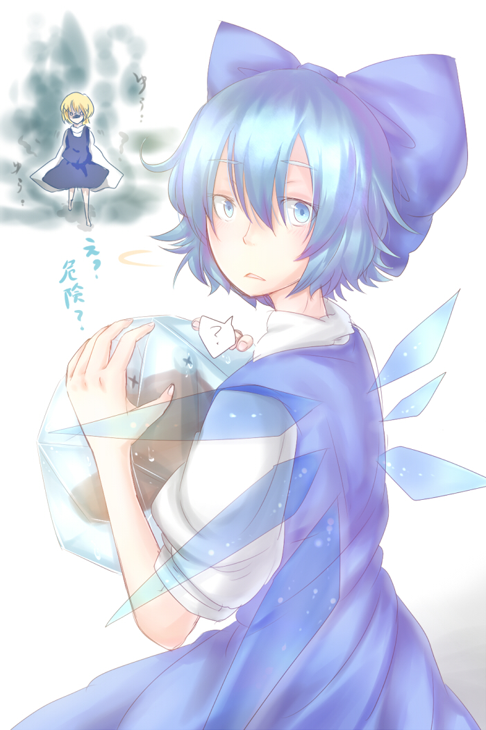 2girls ? bad_id bad_pixiv_id blonde_hair blue_eyes blue_hair cirno darkness frozen hat unworn_hat unworn_headwear ice moriya_suwako multiple_girls penya pyonta touhou wings x_x