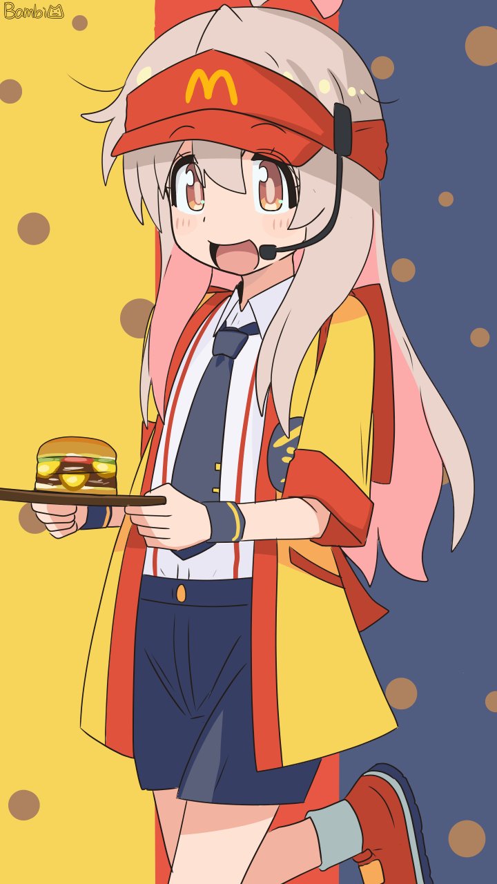 badge bambi2000line burger button_badge cosplay employee_uniform fast_food_uniform food headset highres holding holding_tray imadake_dabuchi_tabemi imadake_dabuchi_tabemi_(cosplay) looking_at_viewer mcdonald&#039;s onii-chan_wa_oshimai! oyama_mahiro pinstripe_pattern red_visor tray visor_cap