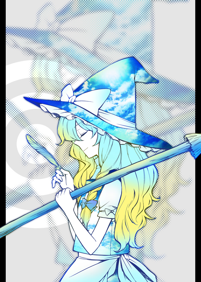 1girl apron bad_id bad_pixiv_id blonde_hair bow braid broom closed_eyes feathers female_focus hat kirisame_marisa long_hair magician megumiya partially_colored ribbon side_braid smile solo touhou witch witch_hat yellow_eyes zoom_layer