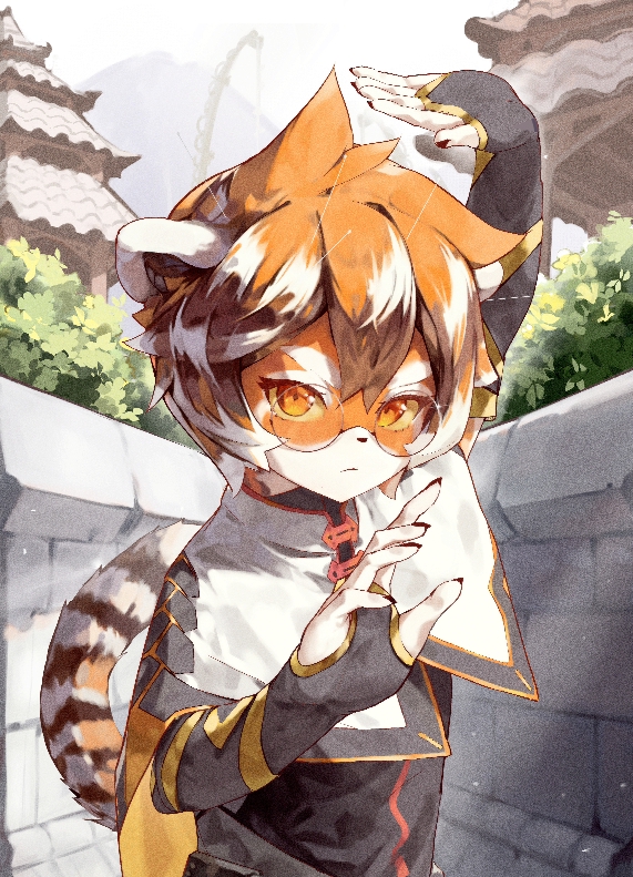 1girl animal_ears arknights black_nails claws closed_mouth commentary english_commentary furry furry_female gima_surya glasses mountainous_horizon orange_eyes orange_hair outdoors pince-nez round_eyewear short_hair sky solo tail tiger_ears tiger_girl tiger_tail tree upper_body waai_fu_(arknights) white_sky