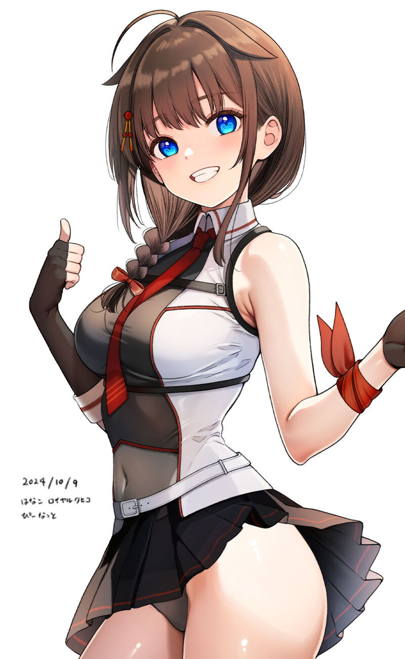 1girl ahoge asymmetrical_gloves bare_shoulders belt belt_buckle black_gloves black_panties black_skirt blue_eyes blush braid breasts brown_hair buckle chest_harness clenched_teeth commentary_request covered_navel cowboy_shot dated fingerless_gloves gloves hair_flaps hanako_(peanut) hands_up harness highres kantai_collection long_hair looking_at_viewer medium_breasts miniskirt mismatched_gloves necktie panties pleated_skirt red_necktie shigure_(kancolle) shigure_kai_san_(kancolle) simple_background single_braid skirt sleeveless smile solo teeth thumbs_up underwear white_background white_belt