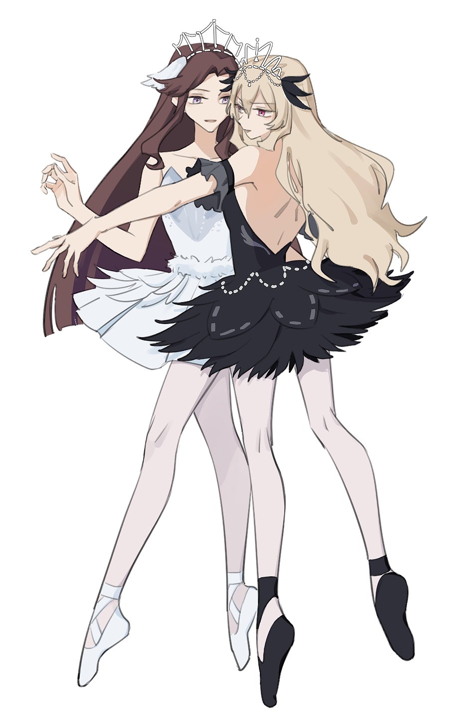 2girls backless_dress backless_outfit ballet_slippers black_dress black_footwear blonde_hair brown_hair dress en_pointe full_body highres kurea_328 long_hair multiple_girls off-shoulder_dress off_shoulder panties parted_lips pink_eyes purple_eyes saijou_claudine shoujo_kageki_revue_starlight simple_background sleeveless sleeveless_dress smile tendou_maya tiara tiptoes underwear white_background white_dress white_footwear white_panties