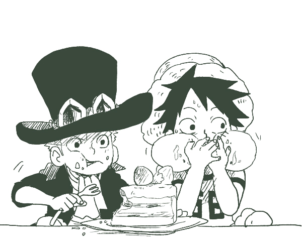 2boys aged_down brothers cake commentary_request eating food fork goggles goggles_on_headwear greyscale hat holding holding_fork looking_to_the_side male_focus monkey_d._luffy monochrome multiple_boys one_piece sabo_(one_piece) scar scar_on_face siblings straw_hat tanaka_(tanakya123) top_hat