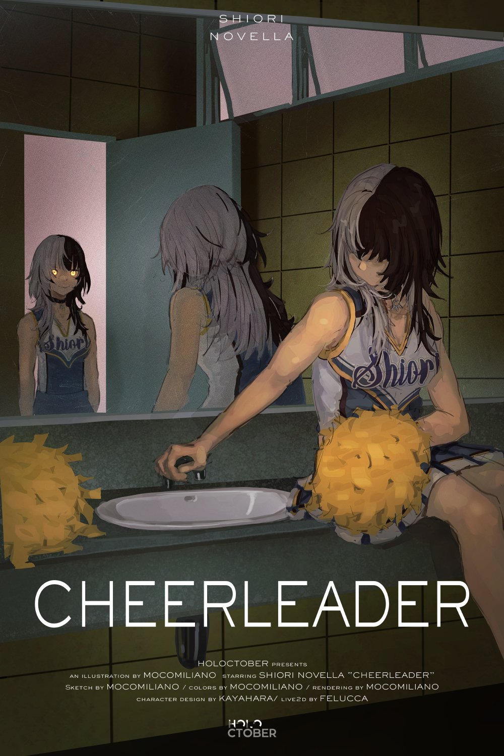 1girl bathroom black_choker black_hair character_name cheerleader choker different_reflection grey_hair highres hololive hololive_english mirror mocomiliano multicolored_hair pom_pom_(cheerleading) poster_parody reflection shiori_novella sink split-color_hair tile_wall tiles two-tone_hair virtual_youtuber