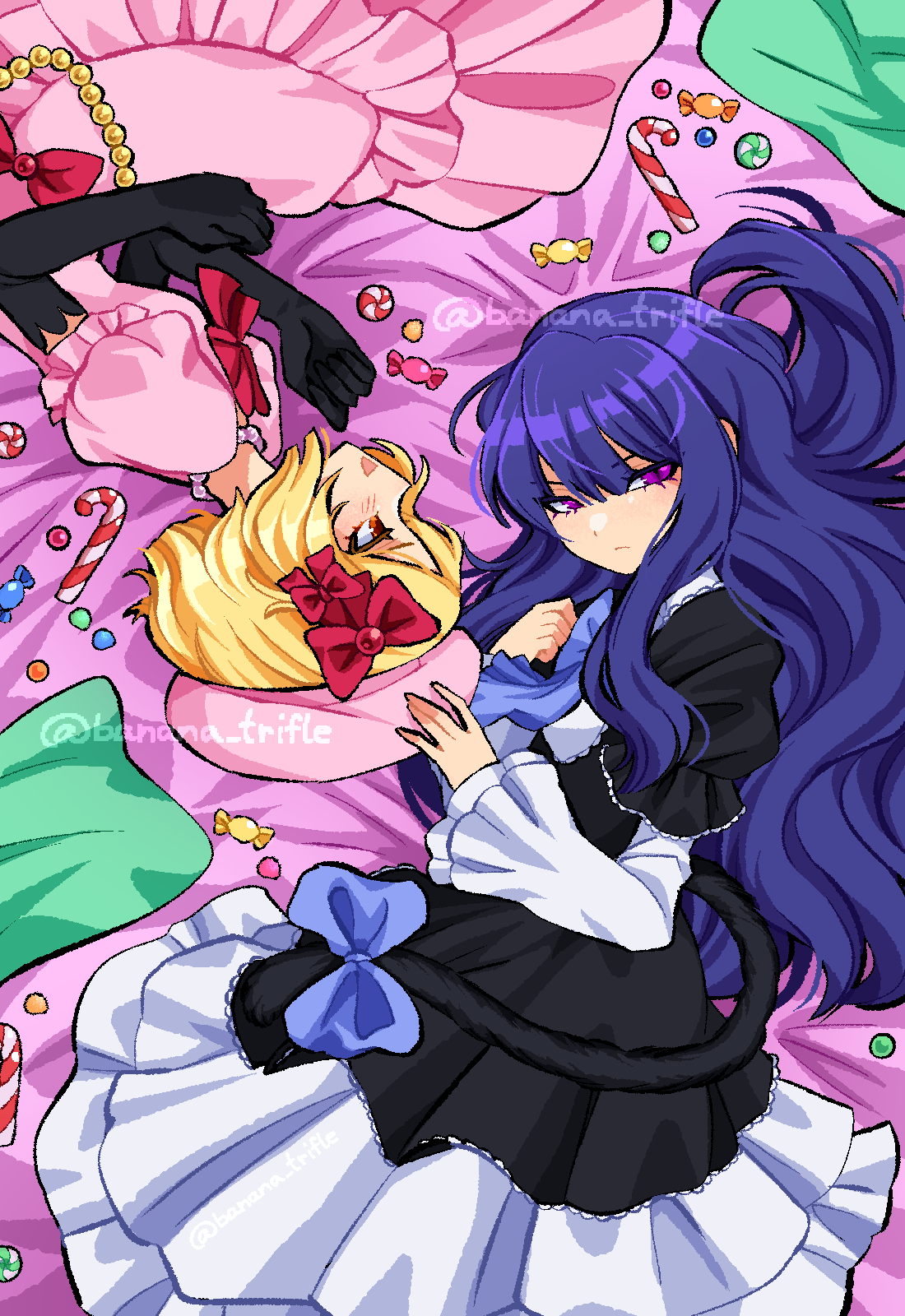 blonde_hair blue_hair candy cat_tail food frederica_bernkastel gothic_lolita highres lambdadelta lolita_fashion non-web_source orange_eyes pillow pink_background purple_eyes sweets tail umineko_no_naku_koro_ni