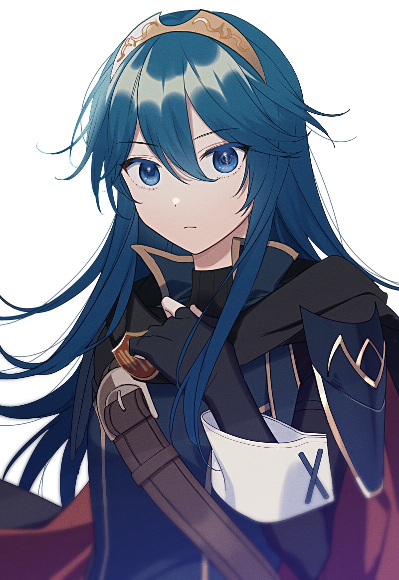 1girl armor belt black_cape black_gloves black_sweater blue_eyes blue_hair breastplate cape closed_mouth commentary_request fingerless_gloves fire_emblem fire_emblem_awakening gloves hair_between_eyes hand_on_own_chest long_hair long_sleeves looking_at_viewer lucina_(fire_emblem) multicolored_cape multicolored_clothes nintendo red_cape ribbed_sweater ryon_(ryonhei) shoulder_armor simple_background solo sweater symbol-shaped_pupils tiara turtleneck turtleneck_sweater white_background