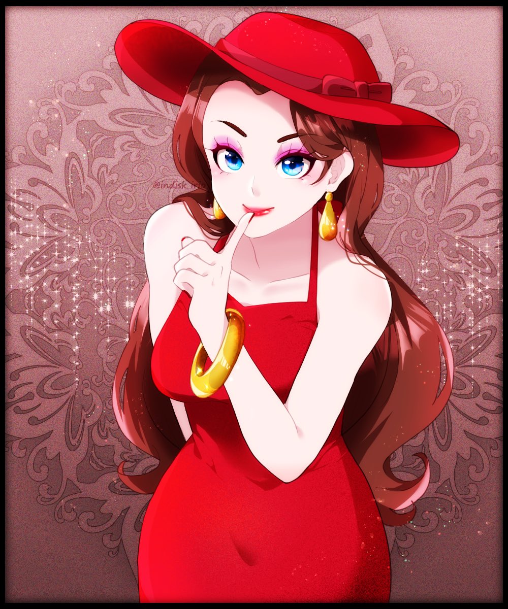 1girl arm_behind_back bare_arms blue_eyes brown_hair collarbone donkey_kong_(series) dress earrings eyeshadow fedora gold_earrings gold_ring halter_dress halterneck hand_up hat highres index_finger_raised indisk_irio jewelry long_hair makeup mario_(series) nintendo pauline_(mario) purple_eyeshadow red_dress red_hat red_lips solo super_mario_odyssey taut_clothes taut_dress translation_request