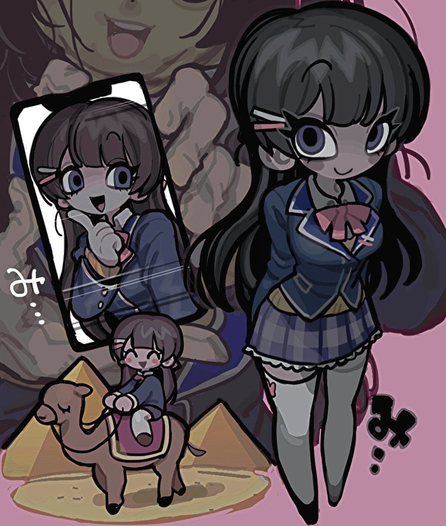 1girl 1other animegao arms_behind_back black_hair blazer blue_jacket blush_stickers bow bowtie breasts camel cellphone cellphone_photo closed_mouth cosplay finger_to_cheek gloves holding holding_phone jacket kigurumi large_breasts long_hair long_sleeves looking_at_viewer multiple_views nazono_mito nijisanji phone pink_background pink_bow pink_bowtie plaid_clothes plaid_skirt purple_eyes purple_skirt pyramid_(structure) riding simple_background skirt smartphone smile sweater thighhighs tonkatsu184 tsukino_mito tsukino_mito_(1st_costume) virtual_youtuber white_thighhighs yellow_sweater