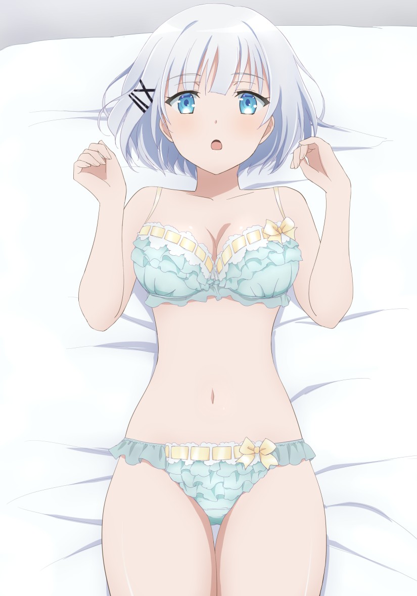 1girl blue_eyes blunt_bangs bra breasts cleavage collarbone frilled_bra frilled_panties frills hair_ornament komatsu_(sakanae) large_breasts looking_at_viewer lying navel on_bed open_mouth panties siesta_(tantei_wa_mou_shindeiru) stomach tantei_wa_mou_shindeiru thigh_gap thighs underwear underwear_only white_bra white_hair white_panties x_hair_ornament