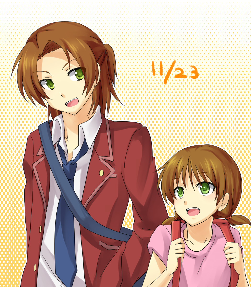 1boy 1girl backpack bad_id bad_pixiv_id bag brother_and_sister brown_hair daimon_chika daimon_masaru_(digimon_savers) dated digimon digimon_savers green_eyes hand_in_pocket highres long_hair long_sleeves necktie school_uniform short_hair short_twintails shoulder_bag siblings smile tomato-ed twintails